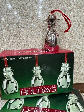 Vintage Silver Snowman Hanging Ornaments with Red Ribbon